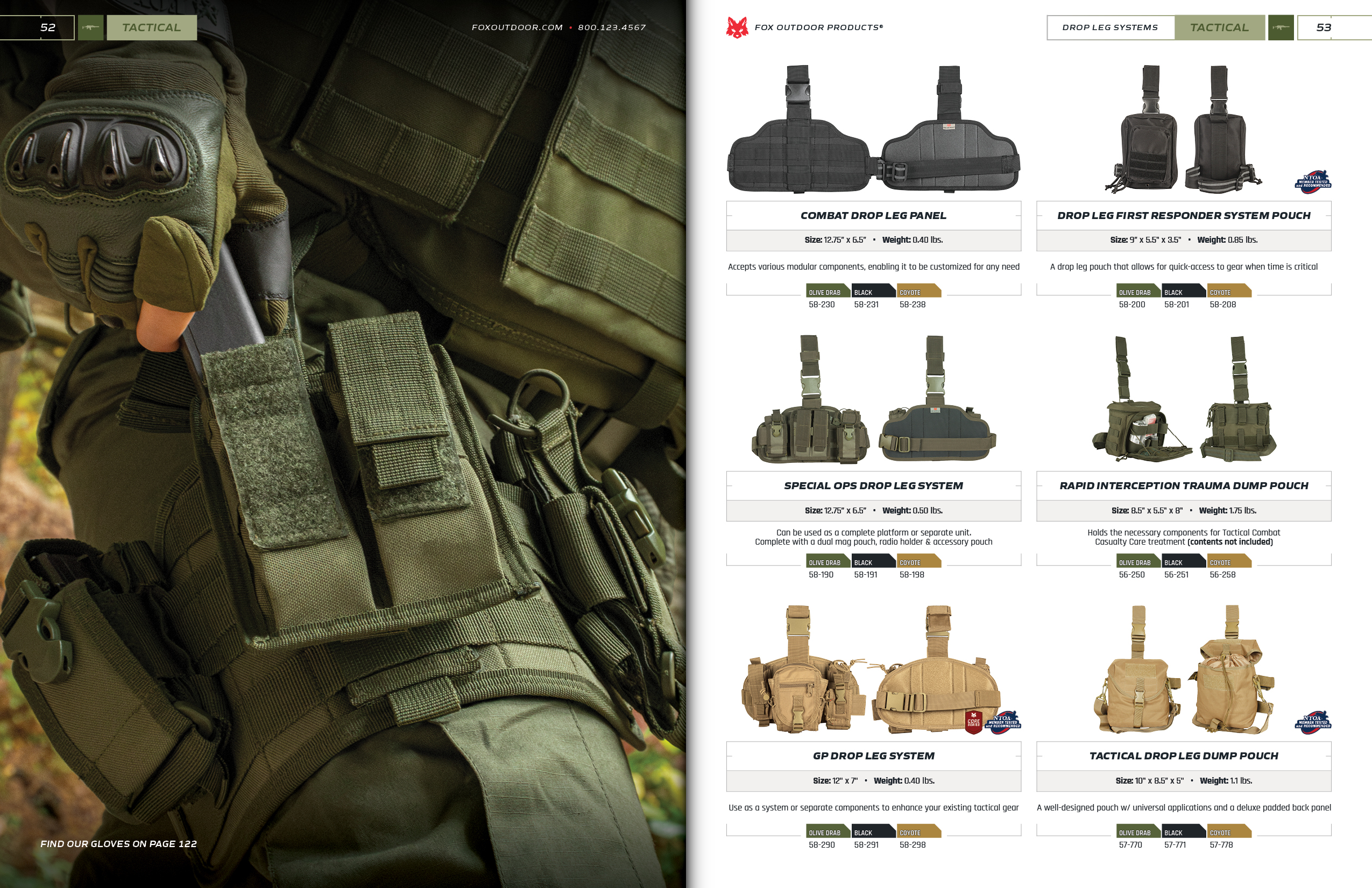 Tactical Dropleg spread of the 2024 Fox Outdoor Products Catalog.