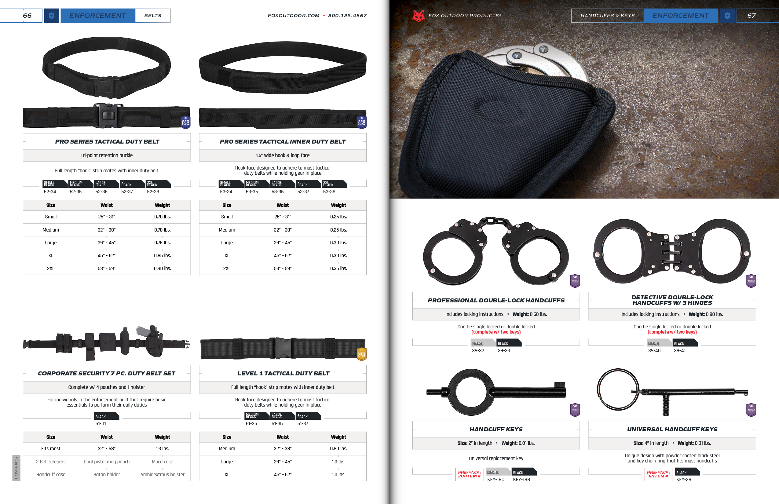 Enforcement Belts and Handcuffs spread of the 2024 Fox Outdoor Products Catalog.