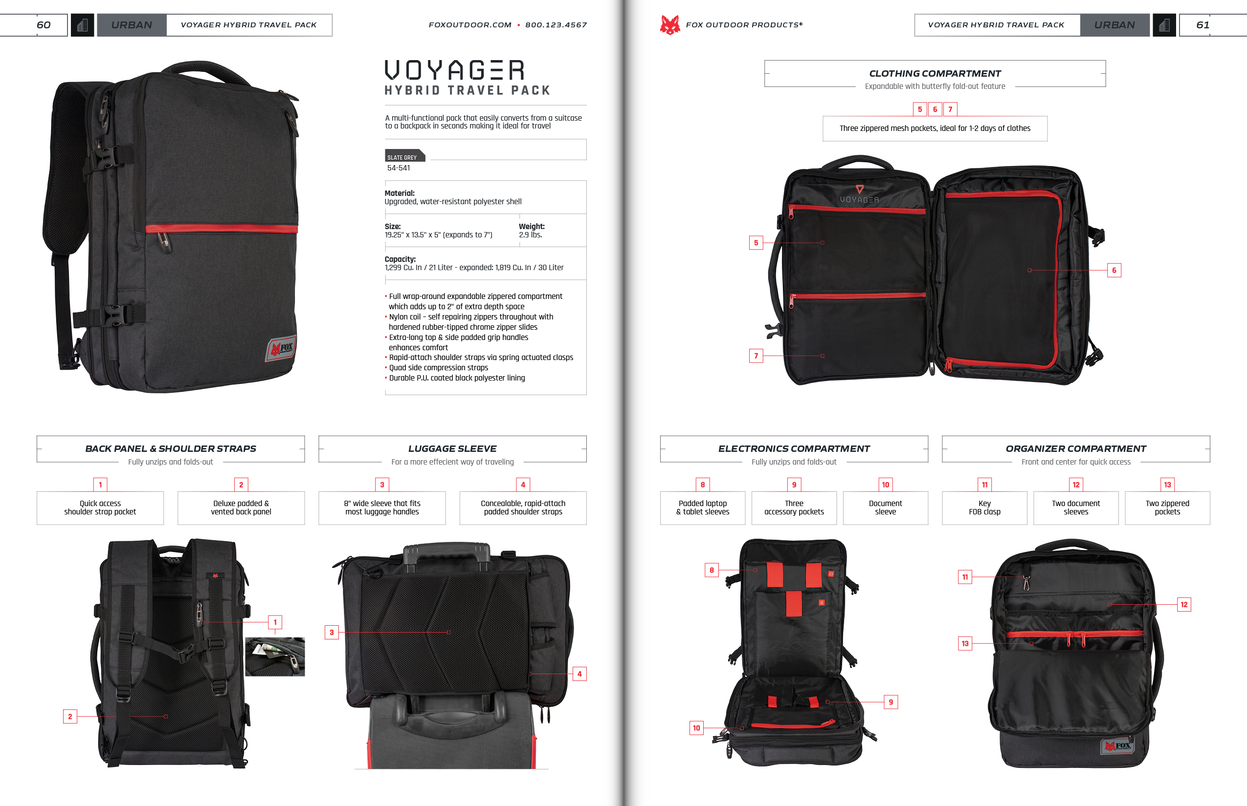 Voyager Hybrid Travel Pack spread of the 2024 Fox Outdoor Products Catalog.
