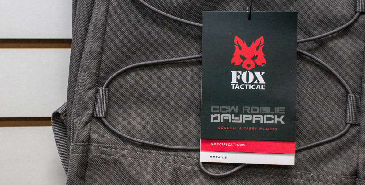 Tactical Pack Hanging tag on a grey backpack.