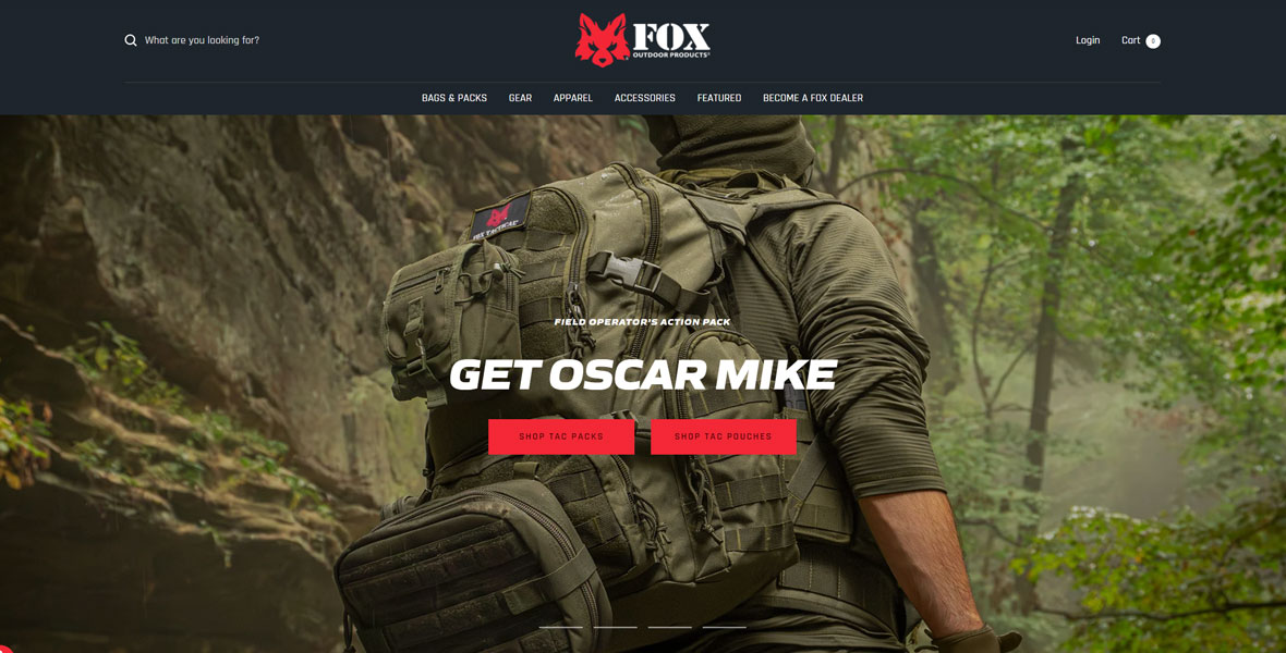 Screenshot of fox outdoor website's homepage.